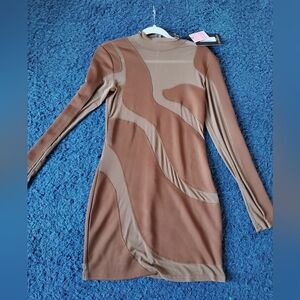 *NWT* PRETTY LITTLE THING BROWN Mesh Swirl Paneled Detail Long Sleeve Bodycon ,
